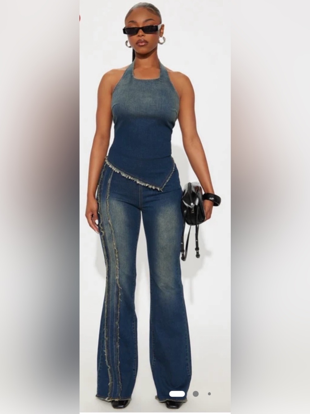 NWT Fashion Nova Denim jeans set in a dark wash with distinctive raw hem detaili